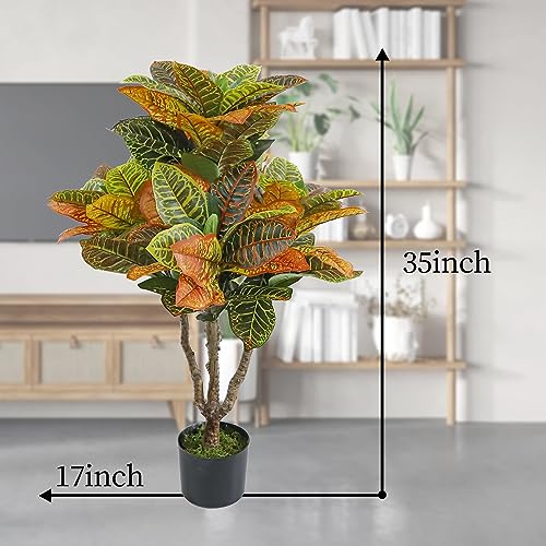2PCS Artificial Croton Plant, Faux Fiddle Leaf fig Tree,Artificial Trees for Home Decor,Floor Plant,Front Porch Plants with Plastic Pot, Faux Ficus Lyrata Tree,35inch - size: 35inch