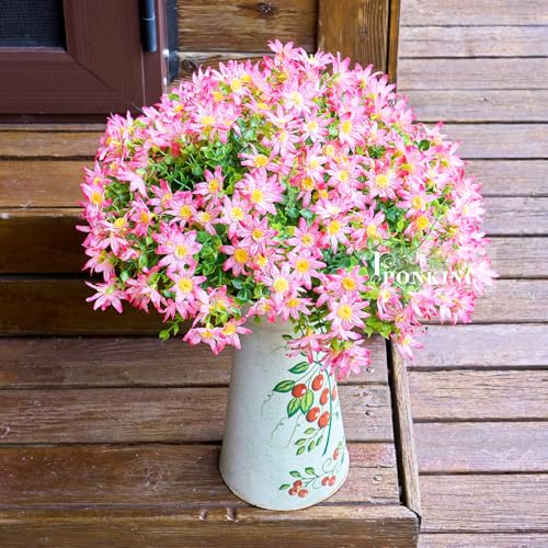 PONKING Artificial Flowers for Outdoors Patio Decoration 12 Bundles Fake Flower Daisy UV Resistant Faux Plants Yard Garden Porch Home Boxwood Planter Patio Mothers Day Decor, Deep Pink Flower - color: D Deep Pink Daisy 12pcs