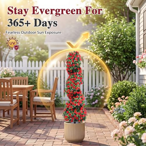 PATIO CHOICE 3ft Artificial Topiary Spiral Trees with Rose Set of 2 36" High End Outdoor Faux Plants Realistic Faux Bushes and Shrubs Decorations for Outdoor Front Porch Garden - color: Spiral Rose, size: 3ft