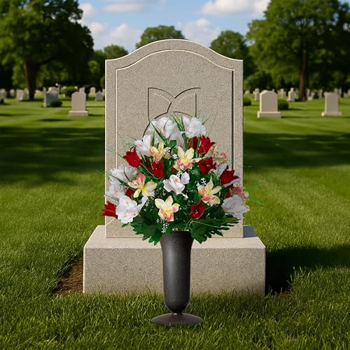 Sympathy Silks Artificial Cemetery Flowers - Grave Decoration - Red Tulips and White Iris (1) Bouquet (1) Vase - color: Red/White, size: (1) Bouquet (1) Vase