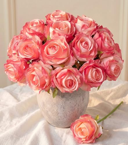 Ivydale 18pcs Coral Roses Artificial Flowers, Fake Roses Silk Flowers with Stems Realistic Bouquet for Mother's Day Wedding Party Home Decoration DIY Centerpiece Floral Romantic Gifts - color: Rose-coral