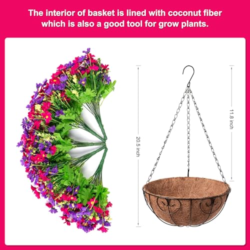 Artificial Hanging Flowers with Basket for Outdoor Spring Summer Decoration, Fake Daisy Flower Arrangement,Faux Plants in 12 inch Coconut Lining Basket for Outside Garden Porch Deck(Plum Purple) - color: Plum Purple