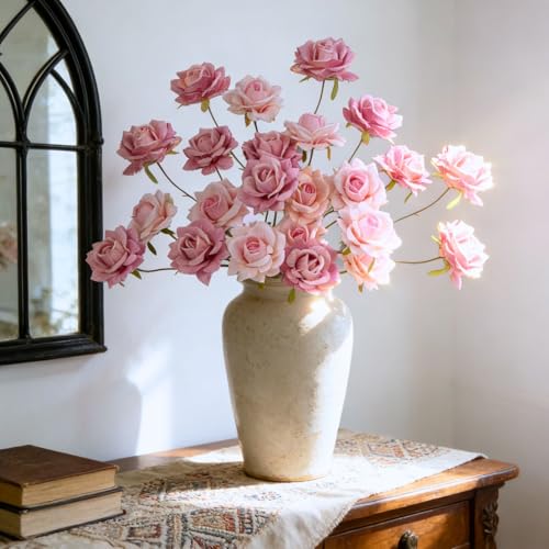 INXUGAO 6Pcs Artificial Flowers Fake Roses for Outdoor, 28" Long Stem Silk Roses for Wedding Indoor Outside Party Decor, Realistic Faux Bouquet for Tall Vase Planter (Pink) - color: Rose-pink 6 Pcs