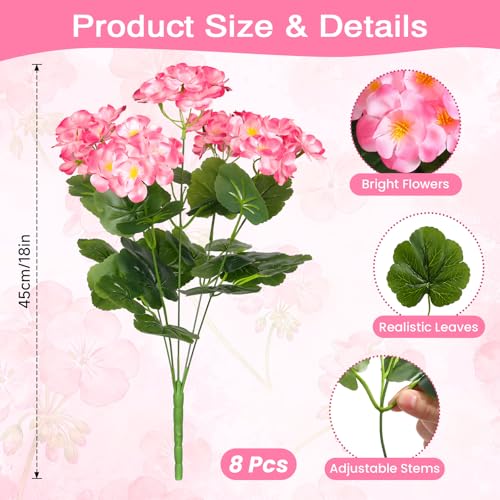 Alupssuc 8 Bundles Artificial Geranium Flowers UV Resistant for Outdoors | Silk Material, Real Touch, 18" Tall, 8 Bundles, 5 Stems Each, for Front Door Garden Porch Patio Planter, No Fade, No Watering - color: Ombre Pink