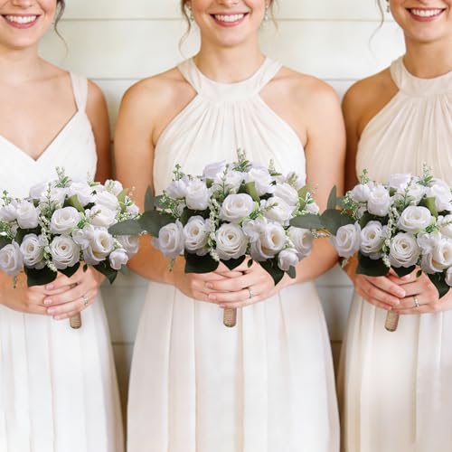 Ivory Bridesmaid Bouquet Set of 6, White Wedding Bouquets for Bridesmaids, 8.5 Inch Wedding Floral Arrangements Flowers Table Centerpieces Decor Artificial Flower Bouquet for Prom Party - color: 6pcs White Rose Bouquet