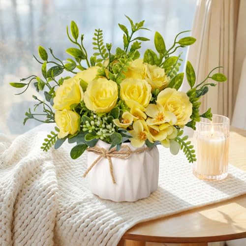 Yellow Artificial Silk Roses with Ceramic Vase, No Maintenance Faux Flower Arrangement, 6.3 Inch Realistic Table Decor for Home Office Wedding - color: Yellow