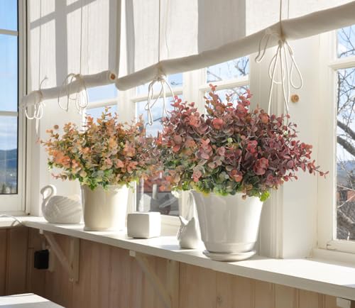 RECUTMS 12 Bundles Fake Bushes Artificial Plants Outdoor Faux Plant Eucalyptus Stems Fake Porch Plants for Summer Farmhouse Bathroom Office Vase Centerpiece Graduation Wedding Party Decor(Dusty Red) - color: Dusty Red, size: 12 Pcs