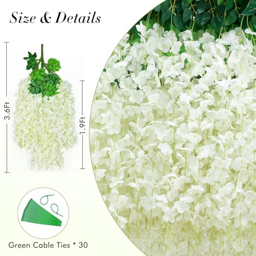 Waipfaru 40 Pack White Wisteria Hanging Flowers, Fake Flowers for Decoration, Artificial Hanging Flowers, Vines for Bedroom, Flower Garland for Home, Party, Wall, Wedding Decoration(3.6 Ft/Pcs) - color: White, size: 40 Pcs