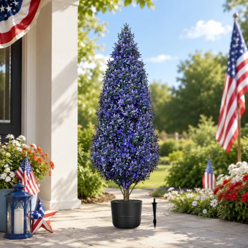3.3FT Tall Artificial Topiary Tree Outdoor Indoor Purple Faux Trees Potted Plants Centerpiece Boxwood Tree UV Resistant,Balcony Fake Shrubs Plant with Pot,Stake for 4th of July Porch - style: single