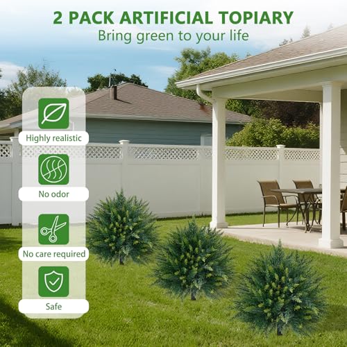 Yangrass 2PCS Artificial Cedar Topiary Ball Trees 23" for Outdoors with Ground Spike, UV Resistant Artificial Cypress Trees, Evergreen Shrubs Bushes Faux Plants for Front Porch Garden Backyard - color: Cedar