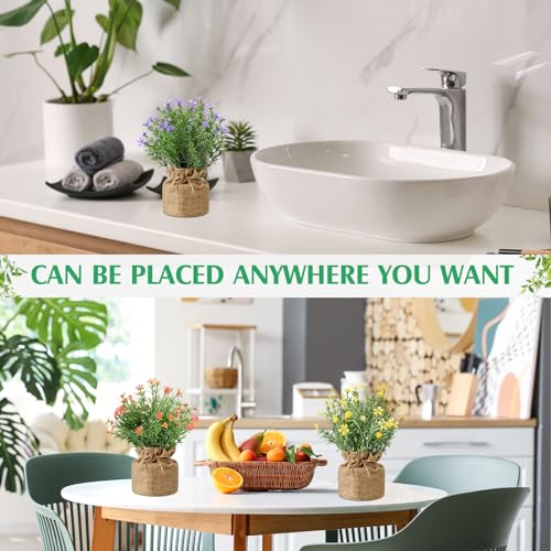 Yunlly 6 Pcs Artificial Pot Wildflowers Fake Plants Flowers Burlap Potted Plant Artificial Plants in Pots Spring Decorations for Wedding Home Desk Tabletop Outdoor Office Kitchen