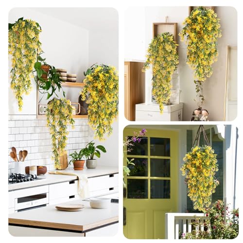 RECUTMS Artificial Hanging Plants 4 Pcs Ferns Plants Large Faux Artificial Hanging Plants Wall Plants Fake Ivy Room Decor Home Garden Wedding Party Indoor Outdoor Decorations(Yellow) - color: Style1-yellow