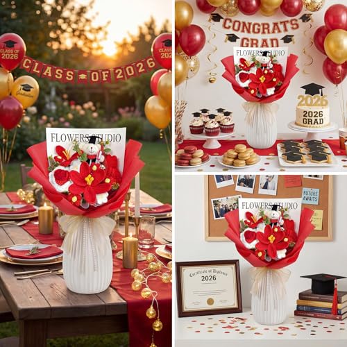 Giegxin Large Graduation Bear Flower Bouquet Set 2026 Crochet Graduation Bouquet Gift Hand Knitted Tulip Daisy Sunflower Rose Bouquets Greeting Card Gift Bag for Wedding Birthday Party Favors(Red) - color: Red