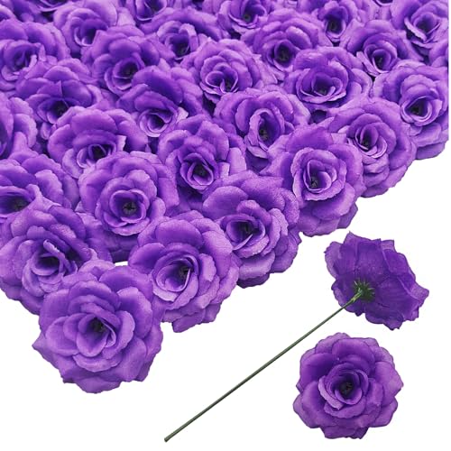 Rose Artificial Flowers, 50Pcs Purple Roses Head Flowers Bulk with Stem, 3 Inches Silk Rose Fake Flower Head for Wedding Party Home Decor DIY Baby Shower Centerpieces Tables Decoration(Deep Purple) - color: Purple