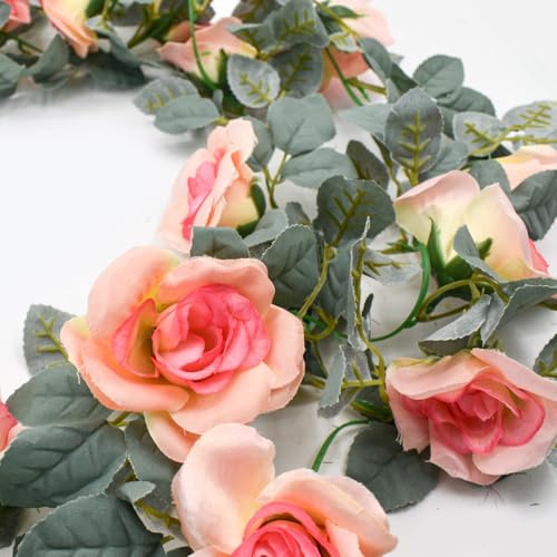 Flower Garland Rose Vine 4Pcs 28FT Artificial Floral Garland with Green Leaves Hanging Rose Vine for Wedding Party Garden Home Wall Decor (Pink) - color: Pink