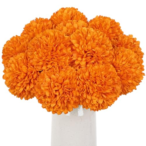Briful 12 Pcs Artificial Orange Chrysanthemum Stems – 11” Tall Silk Mums Flower Heads with Green Leaves, Flexible Stems for Fall Floral Pick Arrangements, Home, Wedding & Seasonal Decorations - color: 3.5'' Dia. 12pcs Orange
