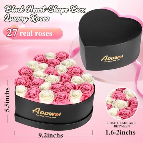 ADDWel Preserved Roses Bouquet for Her Anniversary, Birthday Flower Gifts for Women, 27-Pieces Eternal Roses with Natural Fragrance in Heart-Shape Box for Wife Girlfriend Mom - color: Pink & White - 27 Roses