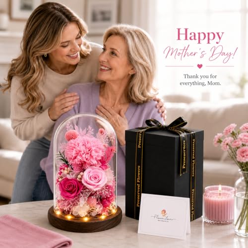 Preserved Flowers in Glass, Preserved Rose with 1 Carnation & 2 Pink Roses Luxury Eternal Flower Gift for Grandma Wife Her Forever Flowers for Anniversary Birthday Lasts 3-5 Years - color: Pink