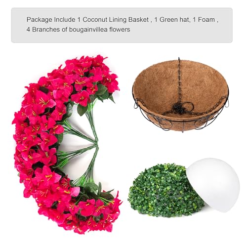 Artificial Fake Hanging Flowers Plants Basket for Outdoors Spring Summer Decoration, Faux Silk Bougainvillea Flowers in Planter UV Resistant Realistic for Outside Porch Patio Garden Yard Home, Hotpink - color: Hotpink