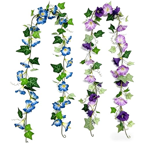 6ft Artificial Flower Garland, Blue & Purple Morning Glory Hanging Garland, Faux Ivy Floral Garland, 1 Blue + 1 Purple, 2 Pack for Home Wedding Party Wall Decor - size: 6FT-XYD-Mixed