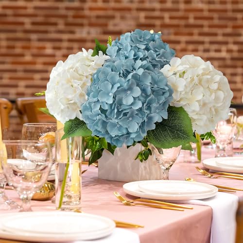 JINWOE Grey Blue Large Lifelike Silk Artificial Hydrangeas, 5Pcs 20Inch Full Fake Flowers for Bouquet Table Centerpieces Wedding Indoor Home Outdoor Baby Showers Decoration - color: Grey Blue