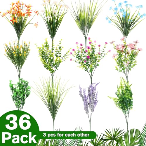 Hotop 36 Bundles Artificial Plants Flowers for Outdoor UV Resistant Greenery & Fake Wildflowers Faux Plastic Plant No Fade for Hanging Planter Porch Window Home Wedding Summer Decor(Bright Colors) - color: Bright Colors