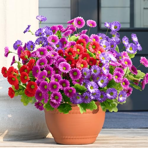 Waipfaru Artificial Flowers for Outdoors Faux Plants, UV Resistant Artificial Outdoor Flowers, Silk Daisy Realistic Fake Mums Flower for Front Porch Spring Home Planter Patio Decor, 12 Bundles, Mix - color: Red, Purple, Fuchsia, size: 12 PCS