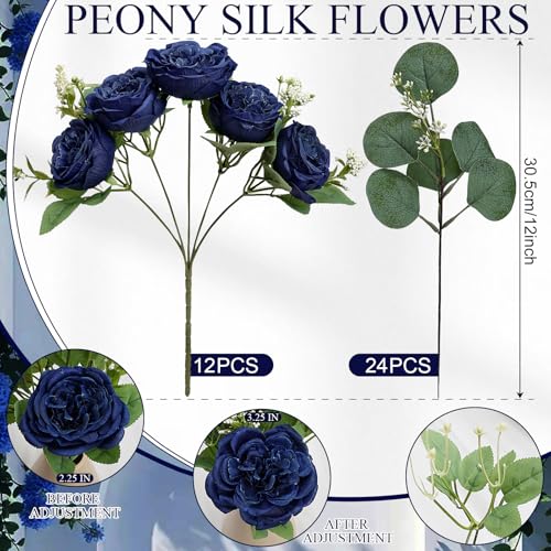 Peonies Artificial Flowers Bulk, 12 Bundles Fake Silk Peonies Faux Eucalyptus Bouquet Realistic Peony Floral Arrangement for Wedding Table Centerpiece Vase Decor (Navy Blue) - color: Navy Blue