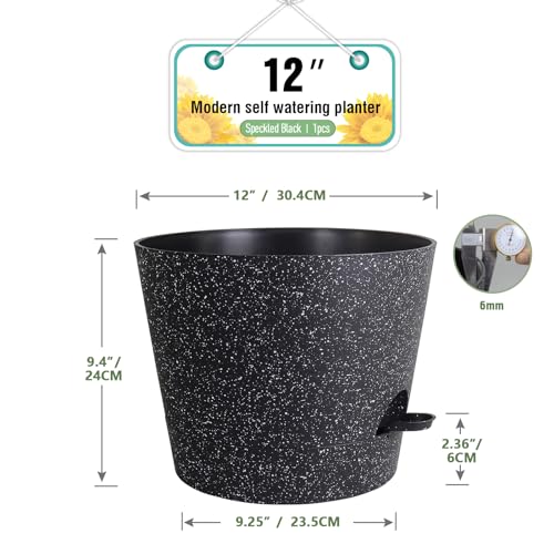 Meowell 12 inch Large Self Watering Pots, Plant Pots with Mesh Drainage Holes for Indoor Outdoor Plants, Plastic Planters with Deep Reservoir for Garden House Flower Plants, Speckled Black - color: Speckled Black, size: 12inch A