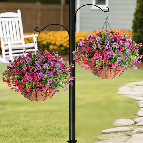 HyeFlora 2 Set Artificial Outdoor Flowers Hanging Basket, Faux Hanging Plants for Outside Spring Decoration, Fake Silk UV Resistant Look Real Daisy for Porch Patio Home Decor - color: Purple&rose Red