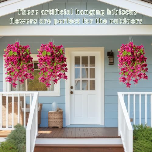 XunYee 8 Pcs Artificial Hibiscus Flowers for Outdoors Spring Summer Decor Fake Hanging Flowers Plants Uv-Resistant Faux Hibiscus Flower for Outside Porch Patio Front Door (Rose Red) - color: Rose Red
