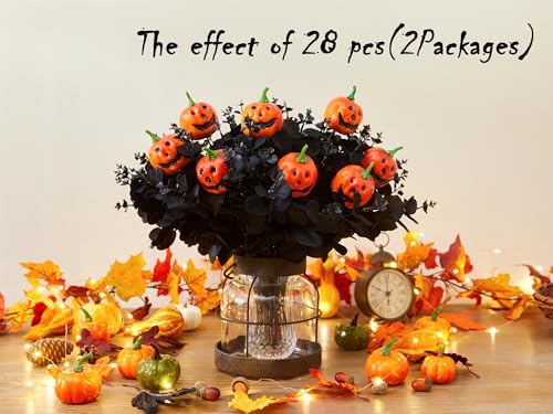 SITUMEIZI 14PCS Black Halloween Flowers Pumpkin Decorations Indoor Black Artificial Flower Fake Eucalyptus Branches Stems Halloween Table Centerpieces Decor - color: Black-pumpkin