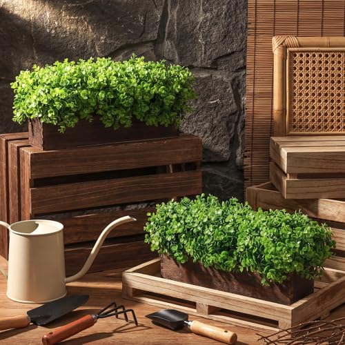 Lyrow 2 Pack Artificial Eucalyptus Plant in Rustic Rectangular Wooden Planter Box Greenery Faux Potted Herb Plant for Indoor Wedding Table Centerpiece (Emerald,16 x 3.7 x 8.7 Inches,Stylish Style) - color: Brown, size: 16.1 Inch, style: Emerald Green Roun