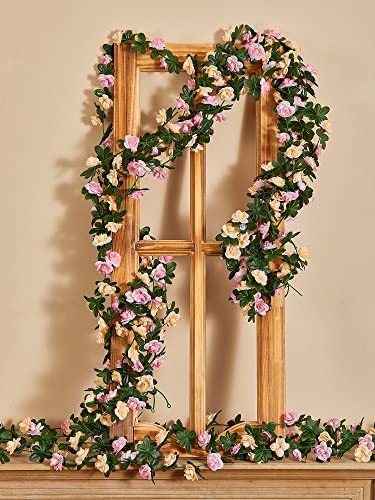 PARTY JOY 8pcs 65.6Ft Flower Garland, Fake Rose Vine Artificial Flowers Hanging Rose Ivy Garland for Room Wall Decor Hanging Baskets Wedding Arch Garden Background Decor - color: 8pc-pink-gold Champagne, size: 8PC