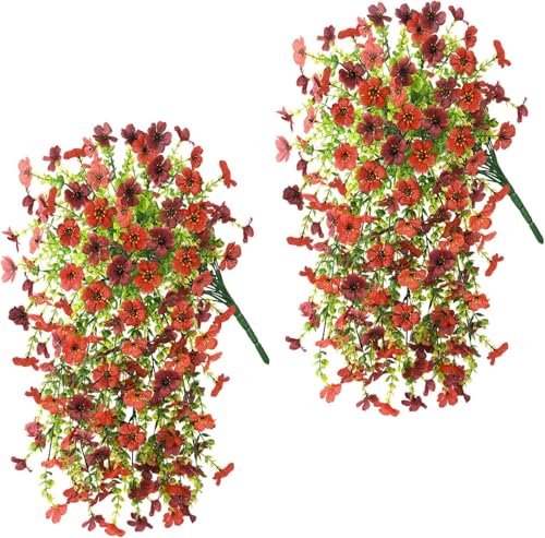 ZFProcess Artificial Hanging Flowers for Outdoors Spring Decoration, 2PCS Silk Fake Daisy Realistic Outdoor Flowers UV Resistant Porch Patio Window Yard Decor (Red Brown) - color: Red Brown
