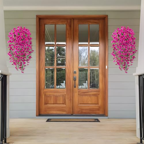 Artificial Hanging Flowers for Outdoor, 2pcs Fake Plants Long Vine Morning Glory Eucalyptus, UV Resistant Realistic Faux Greenery Indoor Outside Patio Porch Garden Spring Summer Decor, Light Purple - color: Light Purple