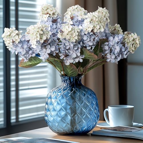 Ttranewsoo Hydrangea Artificial Flowers,Fall Hydrangeas Artificial Flowers,Blue Fake Fall Dried Hydrangea Flowers Decoration,Faux Silk Flower with Stems Winter Decor(Blue 24" 8pcs) Without Vase - color: Blue