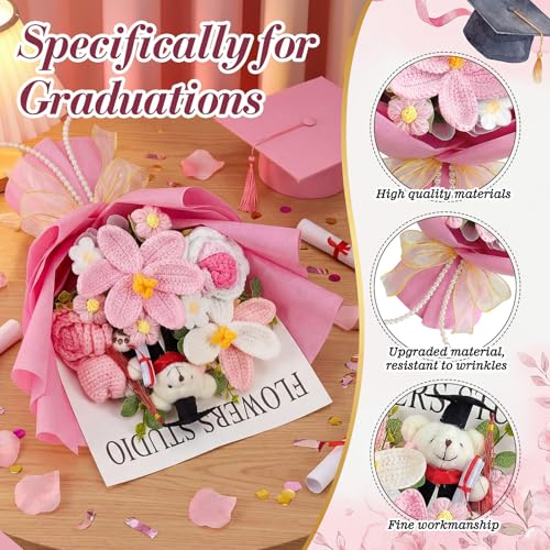 Giegxin Graduation Crochet Flowers Bouquet Set 2026 Grad Cap Plush Bear Hand Knitted Tulip Daisy Sunflower Rose Bouquet Greeting Card Gift Bag for Wedding Birthday Party Favors (Pink) - color: Pink