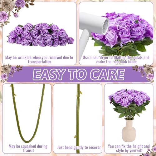 24 Pcs Lavender Rose Artificial Flowers with Long Stem Real Touch Silk Plastic Bouquet Purple Roses Bulk for Wedding Party Table Centerpieces Festival Decorations - color: Lavender