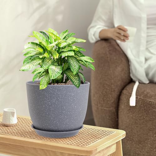 WSMKSZ 10/9/8 inch Plant Pots, Set of 3 Modern Decorative Plastic Planters with Drainage Holes and Saucers for Garden House Plants, Flower Pots for Indoor Outdoor Plants, Speckled Grey - color: Speckled Grey, size: 10"+9"+8"