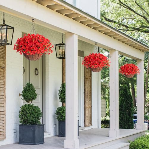 Ivydale Artificial Faux Hanging Flowers Plants Baskets for Outdoors Outside Spring Decoration, Fake Silk Red Morning Glory UV Resistant Look Real for Front Door Porch Patio Balcony Yard Garden Home - color: Red