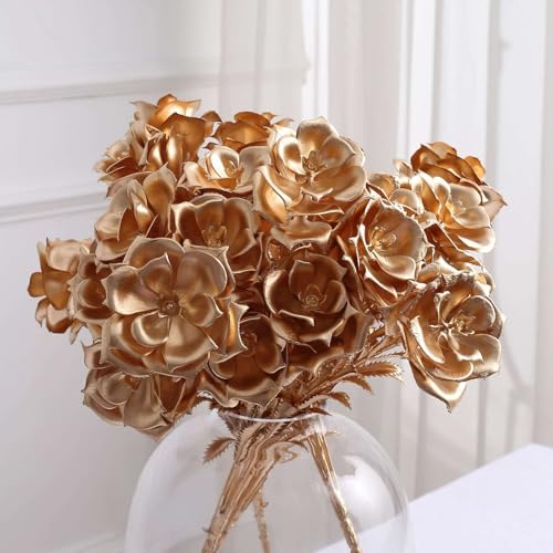 Efavormart 2 Pack 17 inch Metallic Gold Artificial Rose Bloomed Flower Bouquet, Open Flower Floral Arrangement for Holiday and Special Event Decor - color: Type17