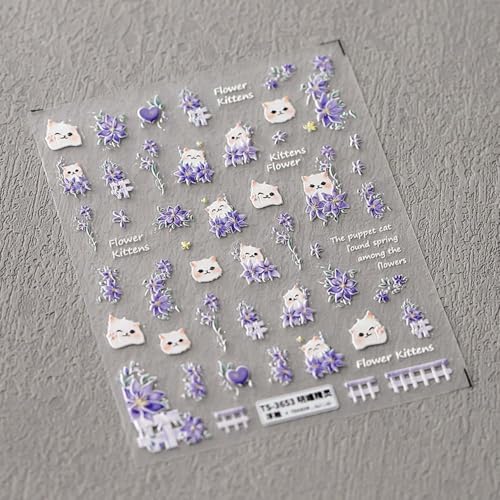 Purple Flower Nail Art Stickers 5D Powder Blusher Cat Nail Decals 1PCS Embossed Heart Petal Lavender Design Stickers Summer Floral Adhesive Nail Accessories for Manicure Decor - style: Style6-Lavender Cat