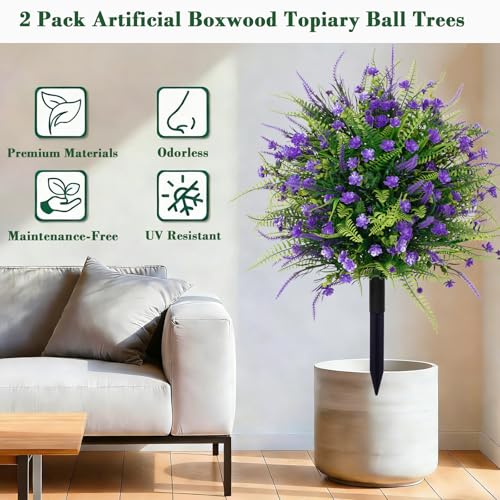 Artificial Boxwood Plants Outdoor with Stake,Set of 2 Artificial Topiary Ball Flowers Faux Shrubs Bushes with Spike, UV Resistant Fake Flowers Ball Tree for Planter Filler Garden Front Porch D17 - style: Spring