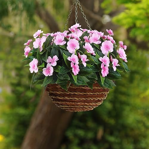 2 Branches Artificial Impatiens Flowers Faux Impatiens Bushes Pink Silk Flowers Greenery Artificial Impatiens Bouquet for Outdoors Patio Lawn Garden Pot Hanging Basket Porch Decoration - color: Pink