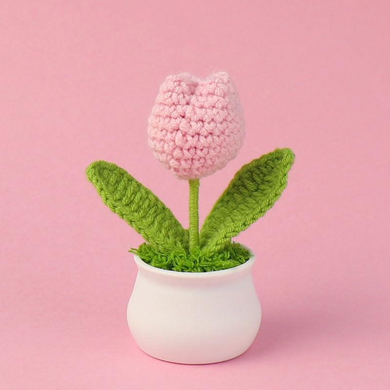 Crochet Tulip Flowers, 2pcs Small Potted Flower Tulip Artificial Flowers Handmade Knitted Tulips Potted Plants for Home Office Desk Decorations Gift (Pink) - color: Pink Tulip