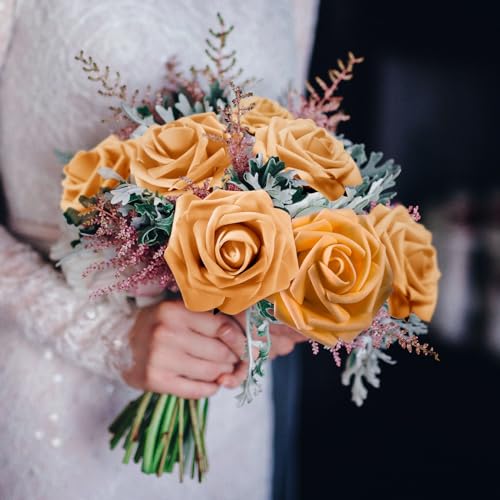 100 Pcs Artificial Foam Rose Flower Faux Bouquet Wedding Fake Rose Gift for Mother's Day Women DIY Bridal Shower Party Table Birthday Home Spring Decor (Gold) - color: Gold