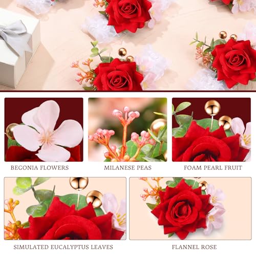 Sherr Red Set of 12 Rose Wrist Corsages for Wedding Corsage Flower Wristlet Floral Wedding Wrist Bridal Rose Leaf Hand Flowers for Bride Bridesmaid Prom Engagement Festival - color: Red
