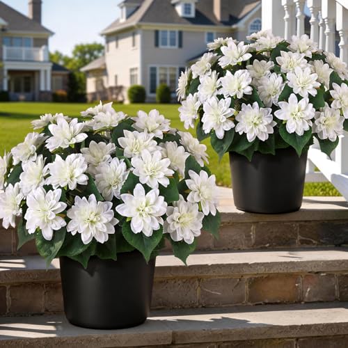 2 Set of Artificial Dahlia Topiary Ball Trees - Fake Silk Dahlia Flower Bushes, UV Resistant Faux Floral Shrub Potted for Front Door Porch Farmhouse Wedding Outdoor Decor (White) - color: White