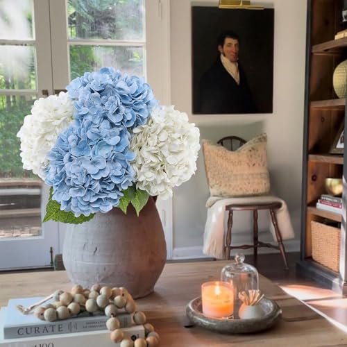 Coferset 4pcs White Blue Lifelike Hydrangea Artificial Flowers 22inch Real Touch Faux Hydrangea Flower Stem for Home Party Wedding Floral Filler Arrangements Ceterpieces Bouquets(White+Baby Blue) - color: 2 White,2 Baby Blue, size: 4pcs